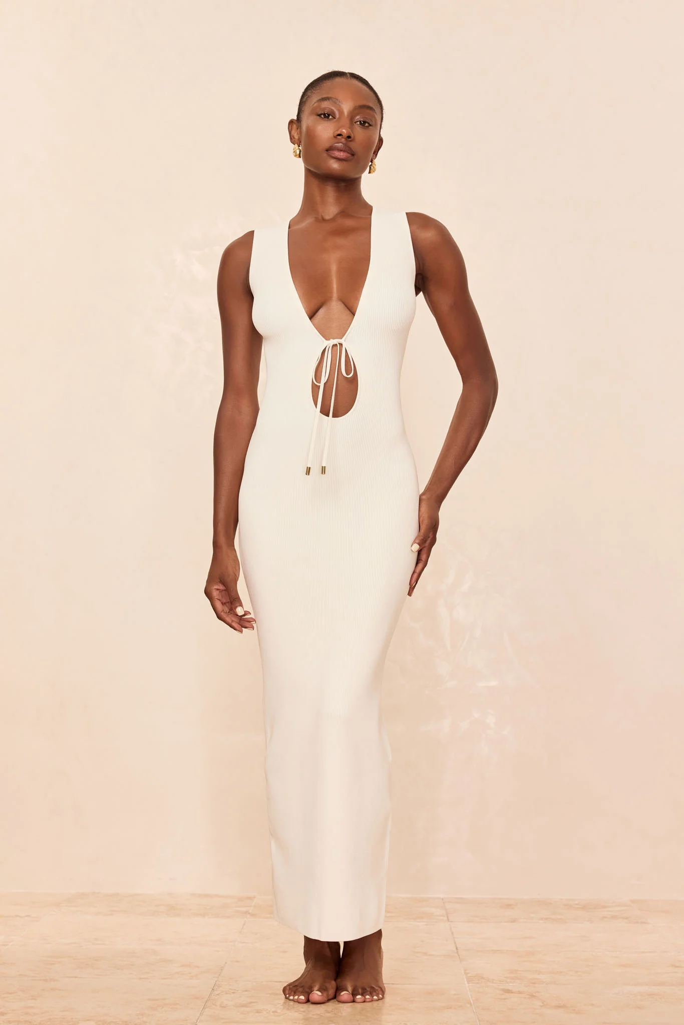 Monte Carlo Tie Dress - Ivory Knit Rib - Image 4